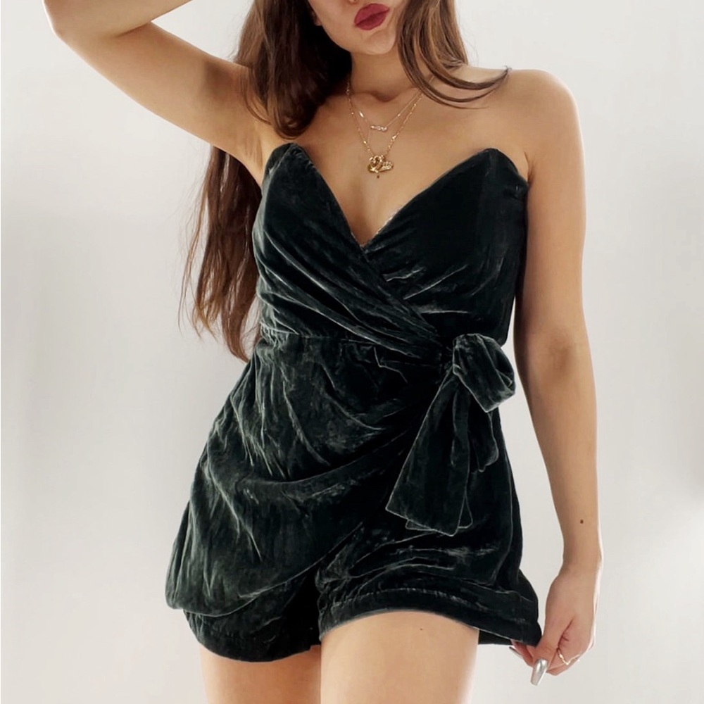 ✨NEW Free People | Green Strapless Hazel Velvet Wrap Romper